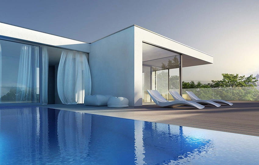 Villa, interior, piscina, terraço, exterior, Exterior da casa moderna para , secção Ð¸Ð½ÑÐµÑÑÐµÑ, Mansão Moderna papel de parede HD